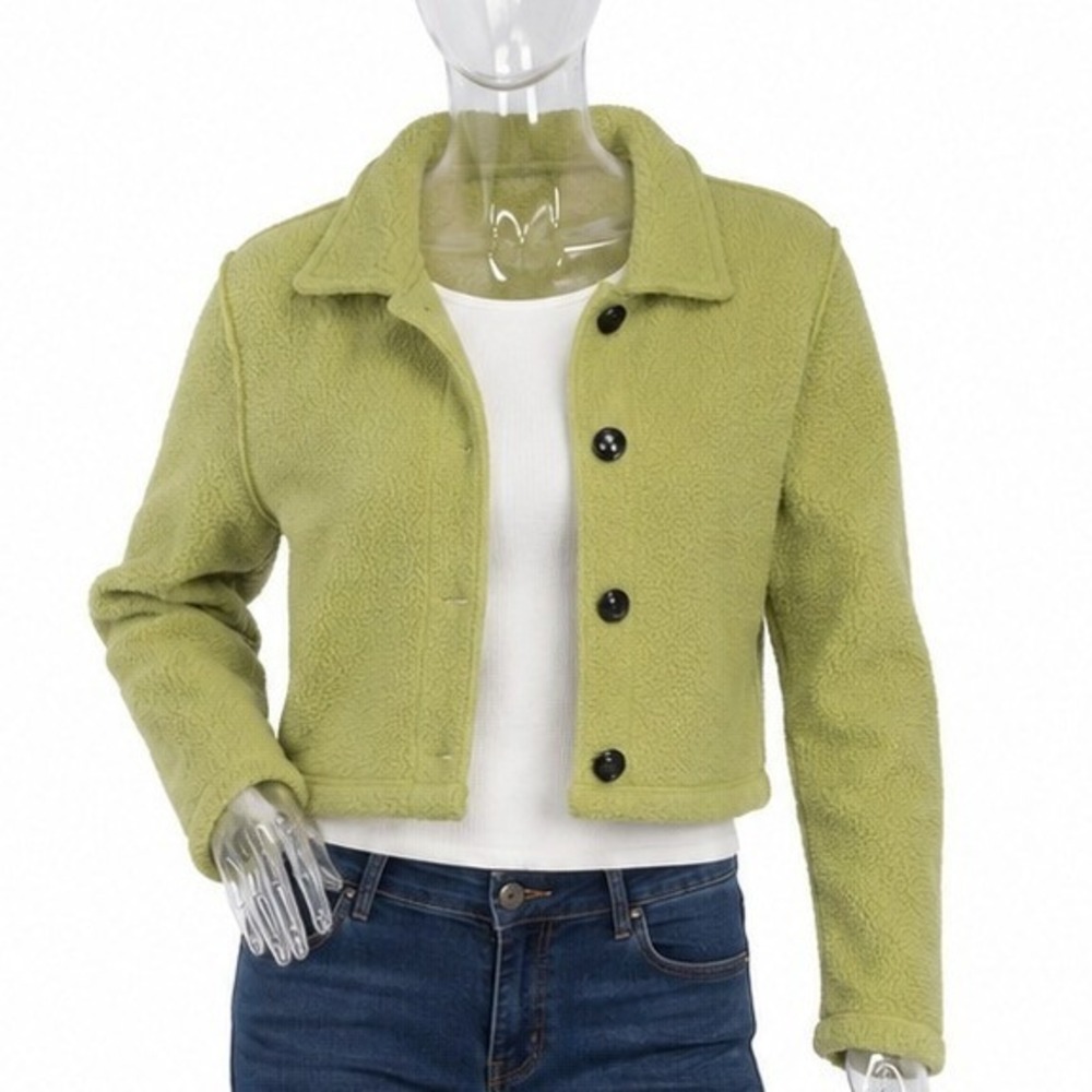 Sota Clothing Lime Green Cropped Fleece Button-Up Jacket Sherpa VTG SKUW753